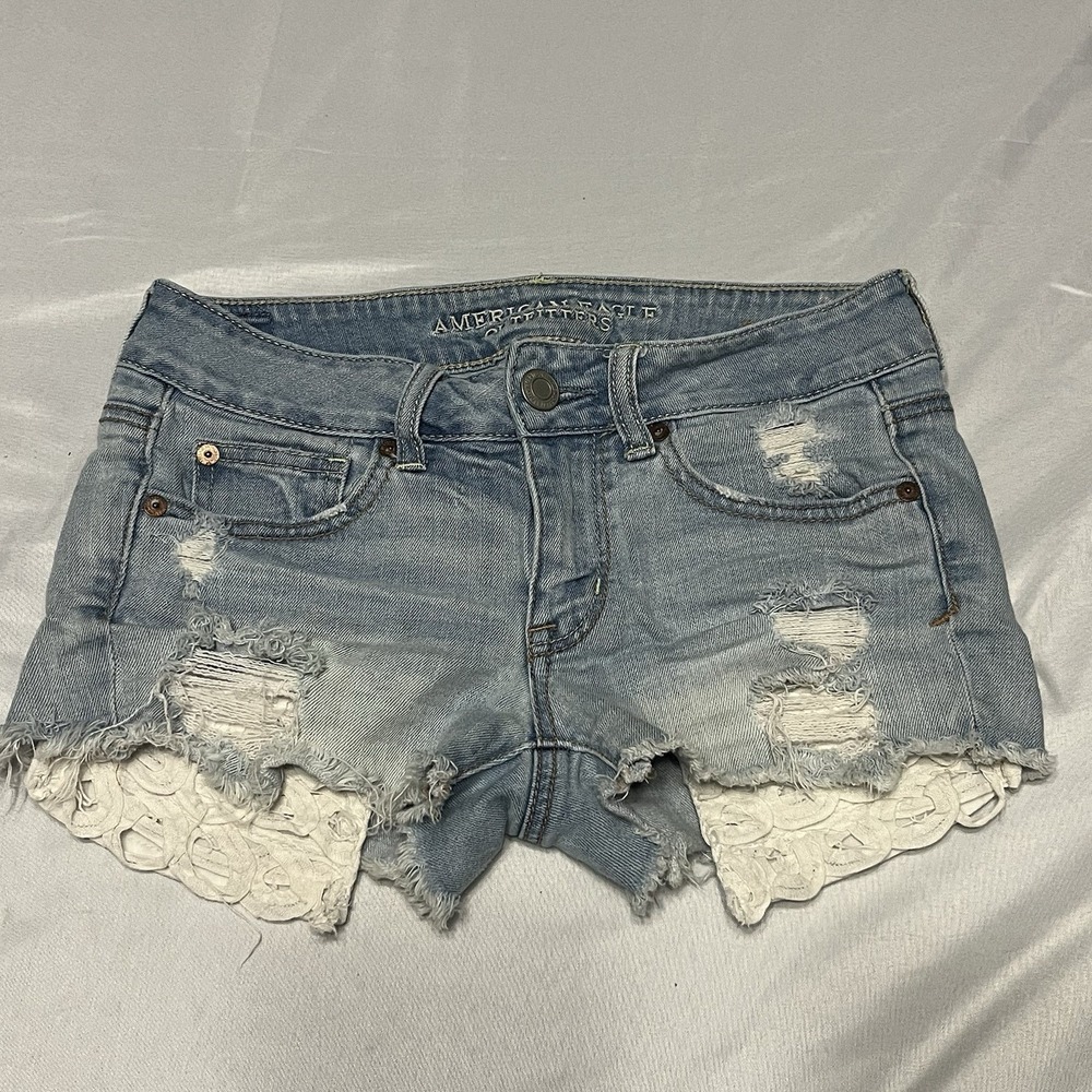 Y2K American Eagle Outfitters Stretch Low Rise Shortie Shorts Lace Trim Size 2